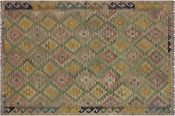 Flat Weave Kilim, Antique, Navaho, Vintage, Handmade, Geometric Kilim Lt. Brown Blue Hand-Woven Rectangle 100% Wool Area Rug 6 x 8